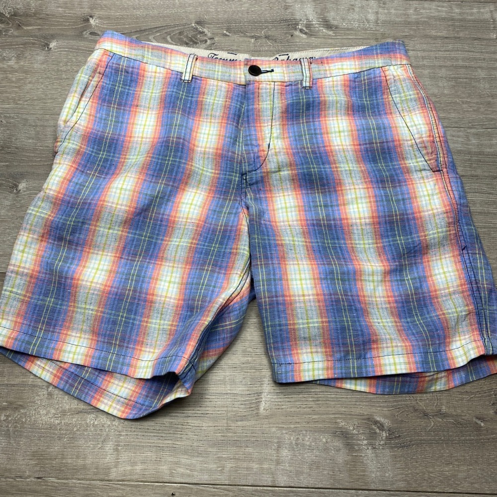 Tommy Bahama Plaid Shorts Mens 32 Blue Orange Linen Tencel Blend Casual Beach